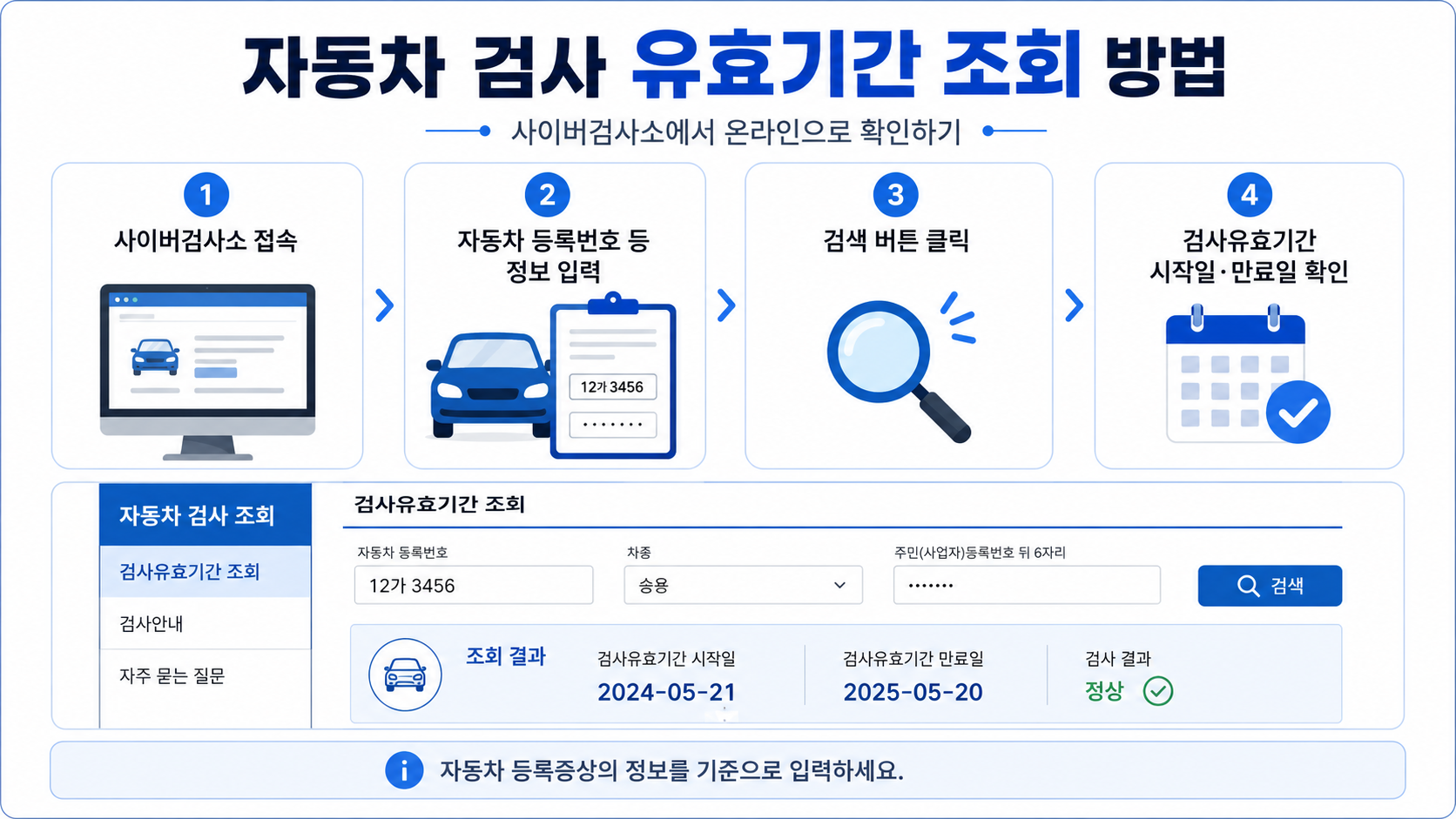 자동차 검사 유효기간 만료 확인 방법｜한국교통안전공단 사이버검사소 조회 안내
