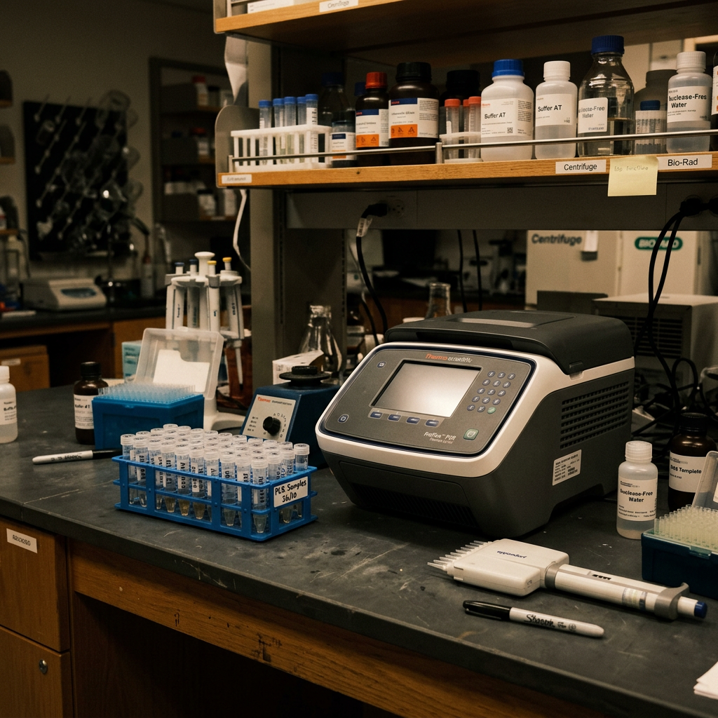Laboratory bench with PCR machine, test tubes, pipettes, and reagents